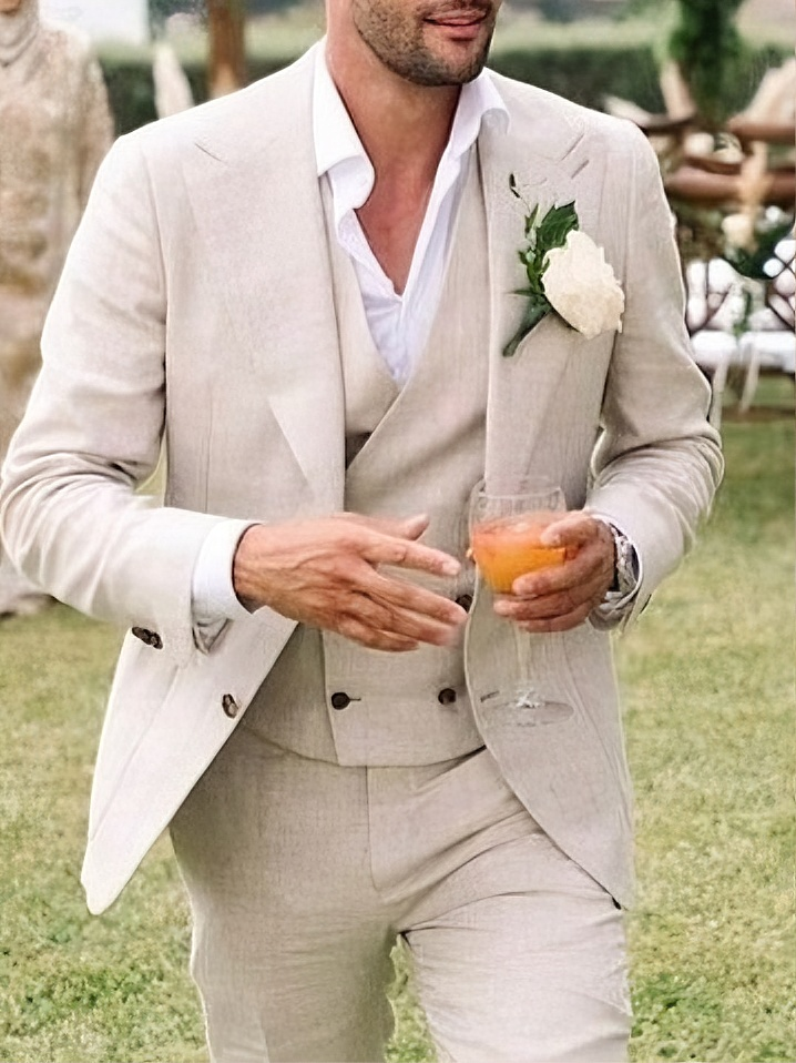 Men's Tailored Ivory Linen Suits Slim Fit 3 Piece Set Single Breasted Two-buttons Summer Bespoke Groom Suit