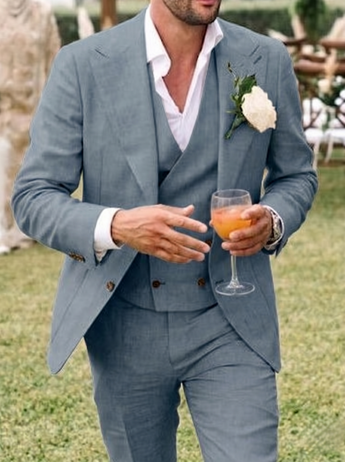 Men's Tailored Ivory Linen Suits Slim Fit 3 Piece Set Single Breasted Two-buttons Summer Bespoke Groom Suit