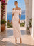 Sheath/Column Cocktail Dresses Satin Off-The-Shoulder With Ruched Sweetheart 1/2 Sleeves Tea-Length Back Slit Floral Elegant Formal Dress Wedding Guest