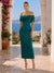 Sheath/Column Cocktail Dresses Satin Off-The-Shoulder With Ruched Sweetheart 1/2 Sleeves Tea-Length Back Slit Floral Elegant Formal Dress Wedding Guest