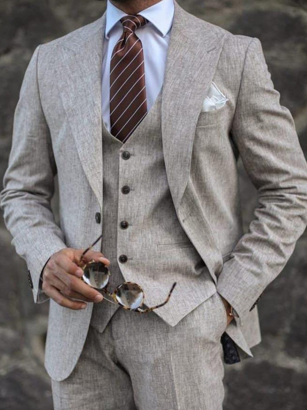 Men's Beige Linen Suits Slim Fit 3 Piece Set Single Breasted Two-buttons Party Wear
