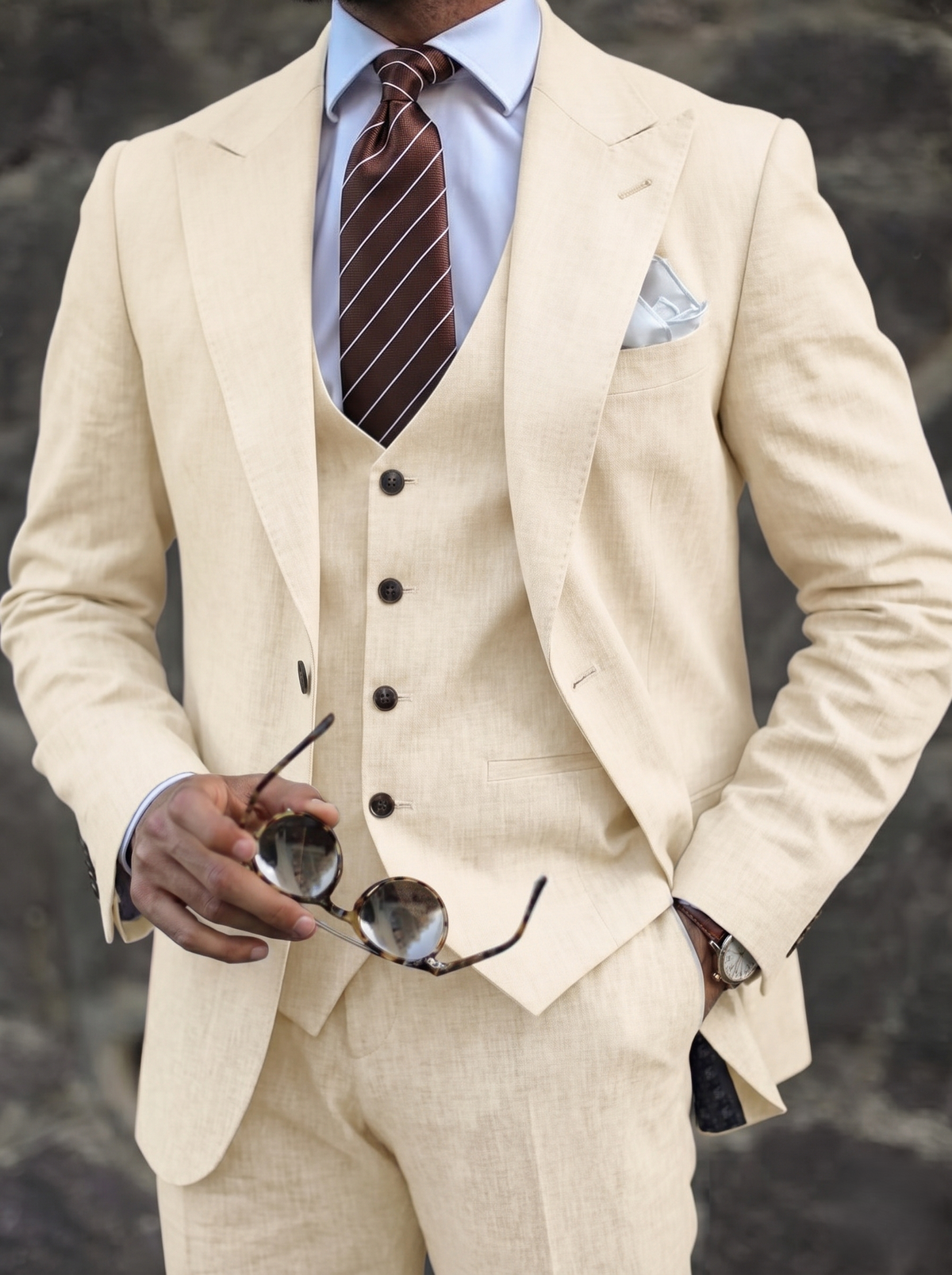 Men's Beige Linen Suits Slim Fit 3 Piece Set Single Breasted Two-buttons Party Wear