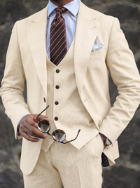 Men's Beige Linen Suits Slim Fit 3 Piece Set Single Breasted Two-buttons Party Wear