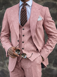 Men's Beige Linen Suits Slim Fit 3 Piece Set Single Breasted Two-buttons Party Wear