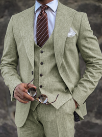 Men's Beige Linen Suits Slim Fit 3 Piece Set Single Breasted Two-buttons Party Wear