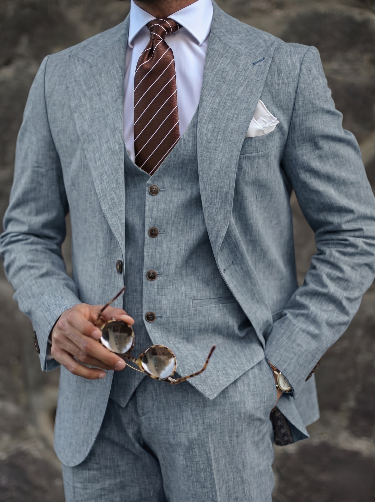 Men's Beige Linen Suits Slim Fit 3 Piece Set Single Breasted Two-buttons Party Wear