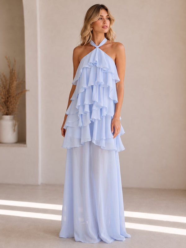 A-Line Evening Dresses Chiffon Halter Sleeveless Floor-length Tiered Ruffles Backless
