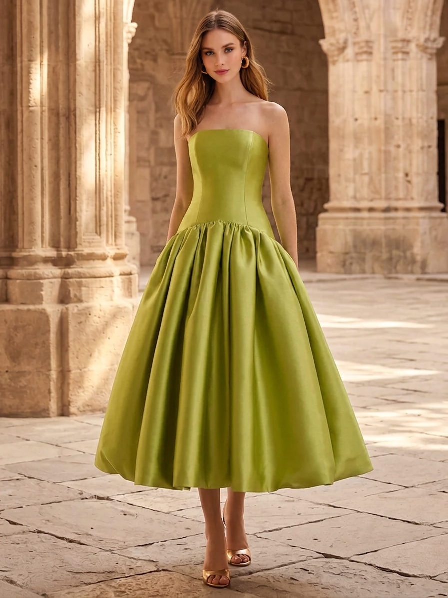 A-Line/Princess Cocktail Elegant Dress Corset Strapless Sleeveless Tea-Length Satin Dress