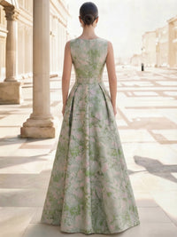 A-Line Evening Dresses Jacquard Floor Length Sleeveless Boat-Neck Sash With Bow Formal Mother Dresses