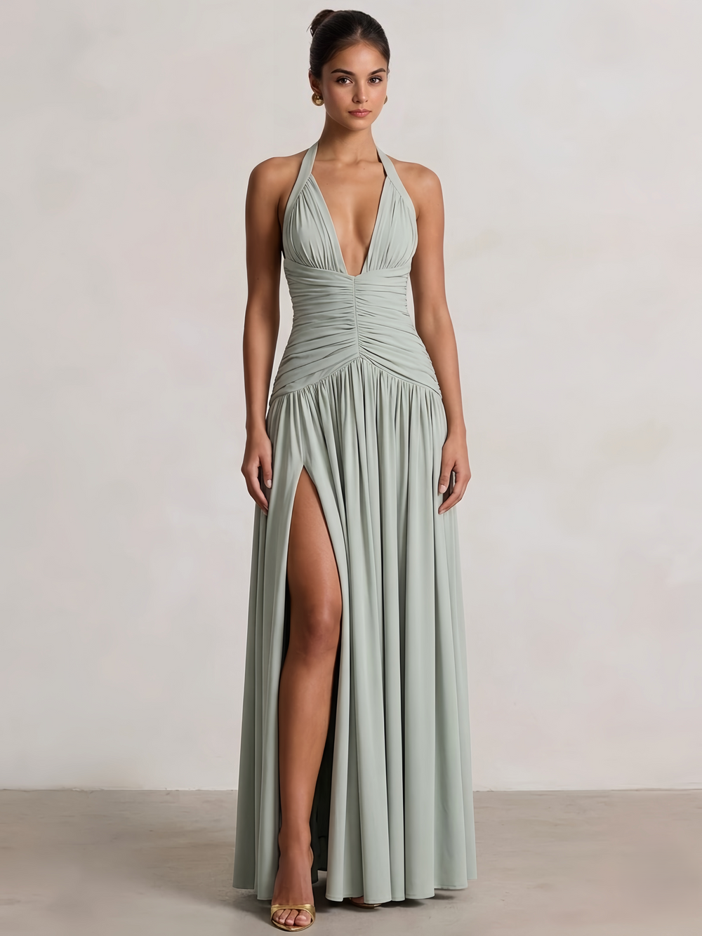 A-Line/Princess Long Prom Dresses V Neck Sleeveless Halter Neck Floor-Length Side Split With Back Lace-Up