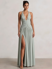 A-Line/Princess Long Prom Dresses V Neck Sleeveless Halter Neck Floor-Length Side Split With Back Lace-Up