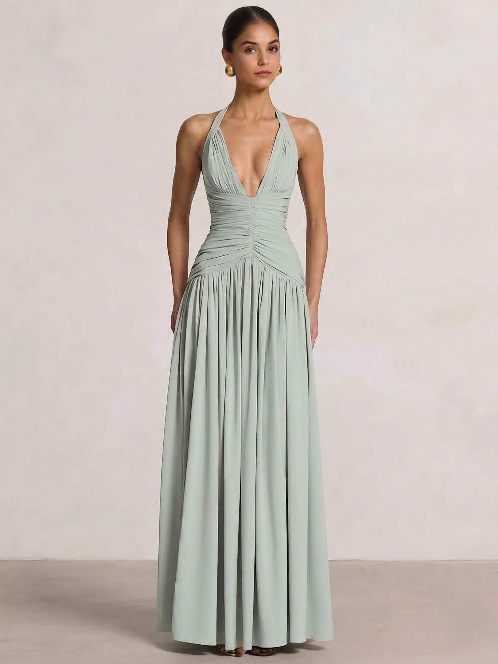 A-Line/Princess Long Prom Dresses V Neck Sleeveless Halter Neck Floor-Length Side Split With Back Lace-Up