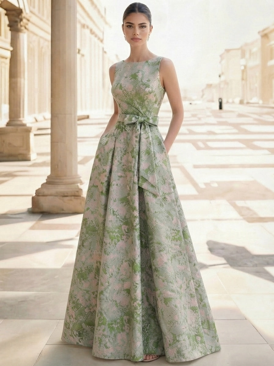 A-Line Evening Dresses Jacquard Floor Length Sleeveless Boat-Neck Sash With Bow Formal Mother Dresses