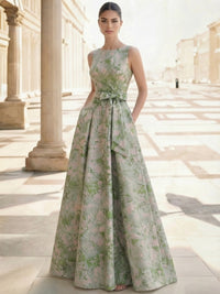 A-Line Evening Dresses Jacquard Floor Length Sleeveless Boat-Neck Sash With Bow Formal Mother Dresses
