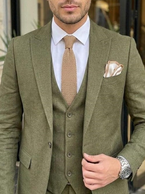 Men's Suits Linen Olive Green Slim Fit 3 Piece Set Wedding Groom Dinner Party Wear Suit