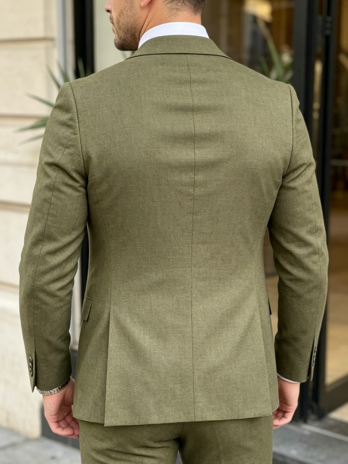 Men's Suits Linen Olive Green Slim Fit 3 Piece Set Wedding Groom Dinner Party Wear Suit