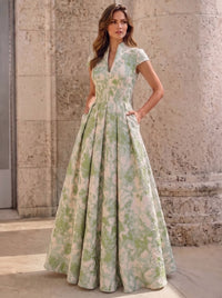 A字/公主款缎面礼服 圆领 短袖 印花 花朵 及踝丈量 婆婆妈妈装