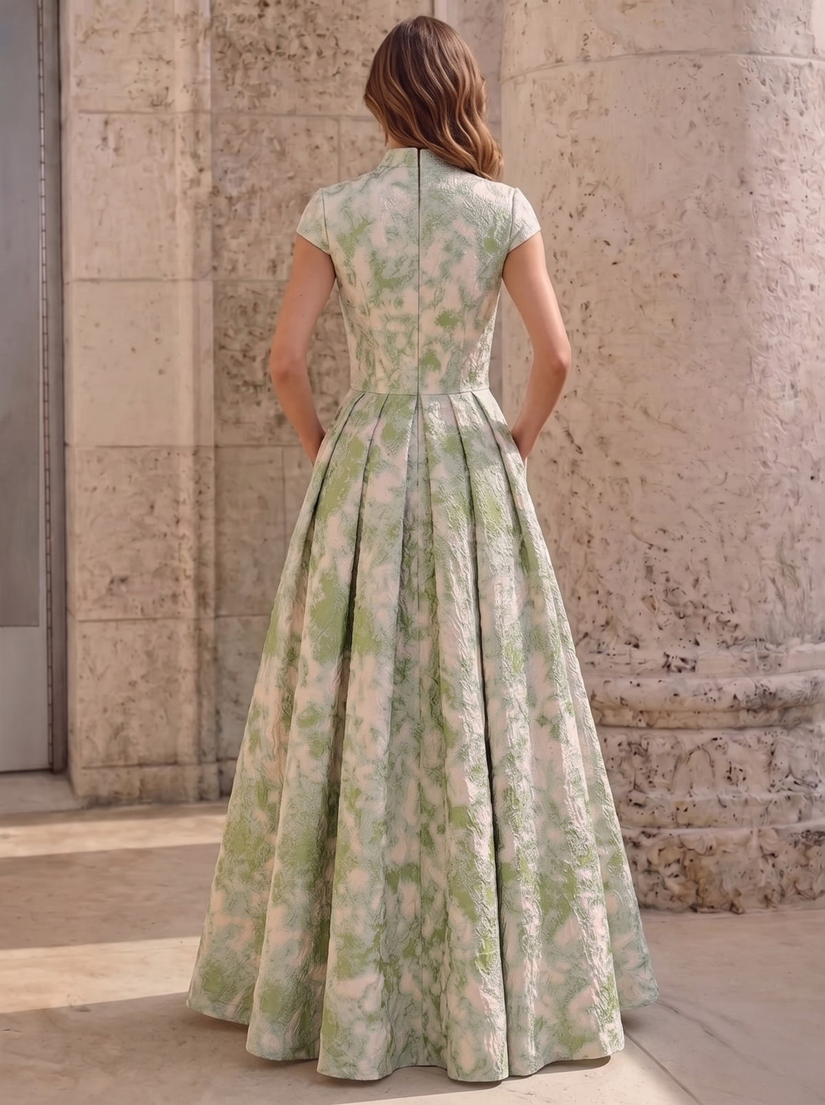 A字/公主款缎面礼服 圆领 短袖 印花 花朵 及踝丈量 婆婆妈妈装