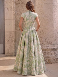 A字/公主款缎面礼服 圆领 短袖 印花 花朵 及踝丈量 婆婆妈妈装