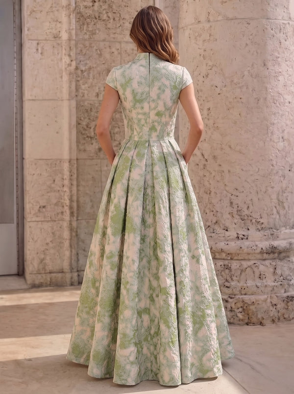 A-Line Evening Dresses Elegant Floral Jacquard Short Sleeves V-Neck Floor-Length Ruched Formal  Dress