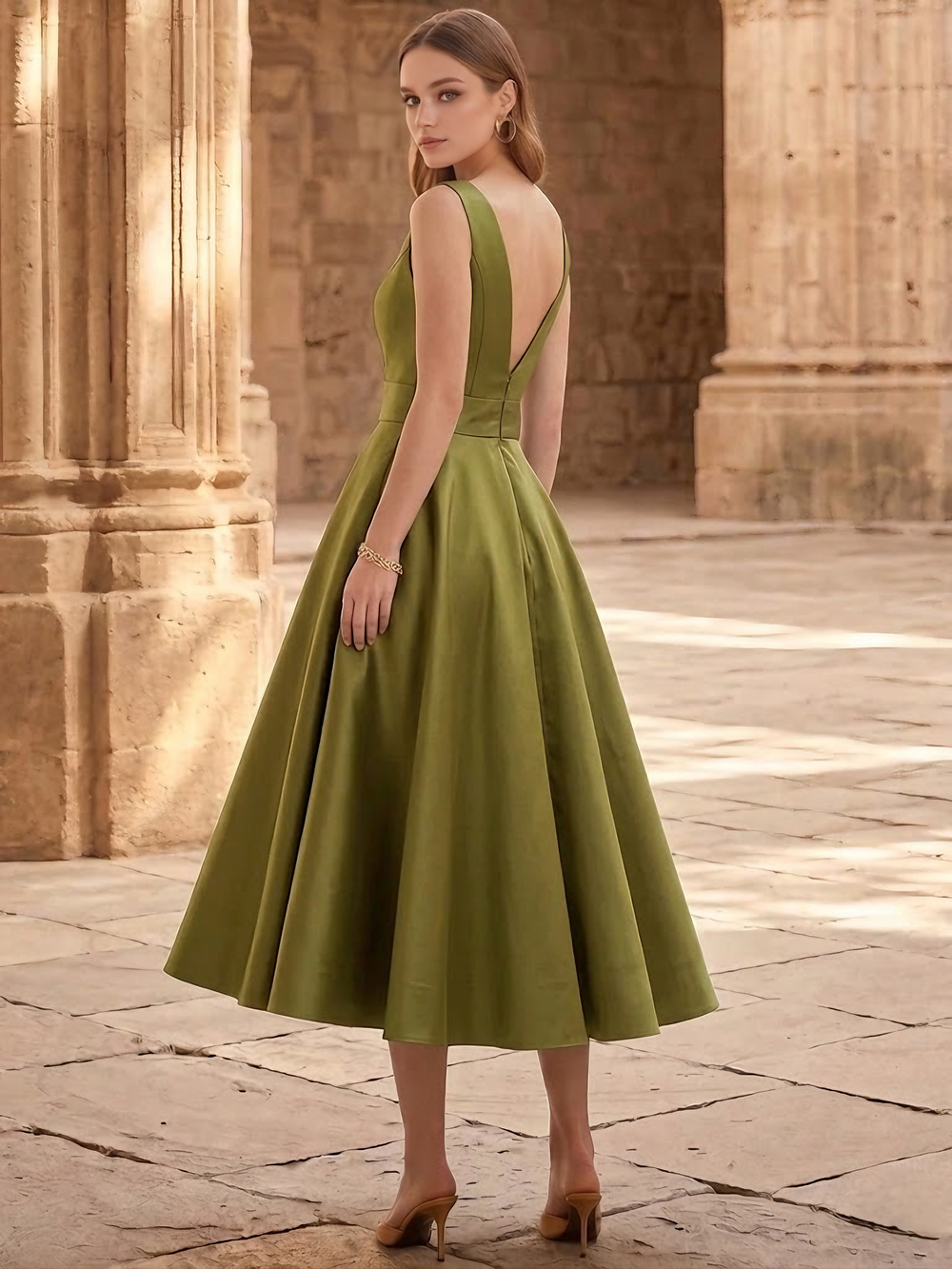 A-Line/Princess Cocktail Dresses Formal V Neck Sleeveless Tea Length Cocktail Dresses with Bowknot