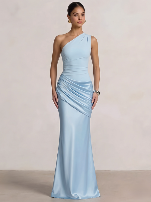 Sheath Column Prom Dresses One Shoulder Floor-length Formal Sleeveless Satin Prom Dress
