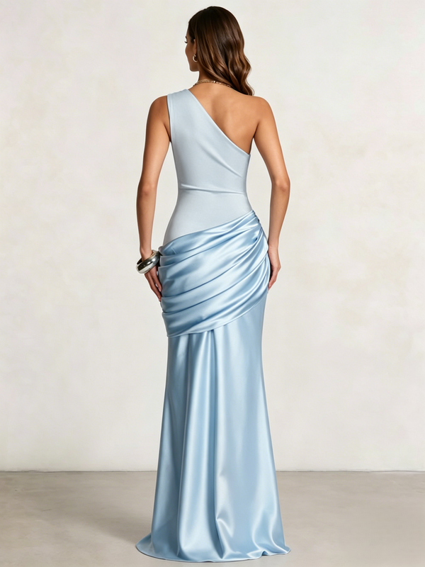 Sheath Column Prom Dresses One Shoulder Floor-length Formal Sleeveless Satin Prom Dress