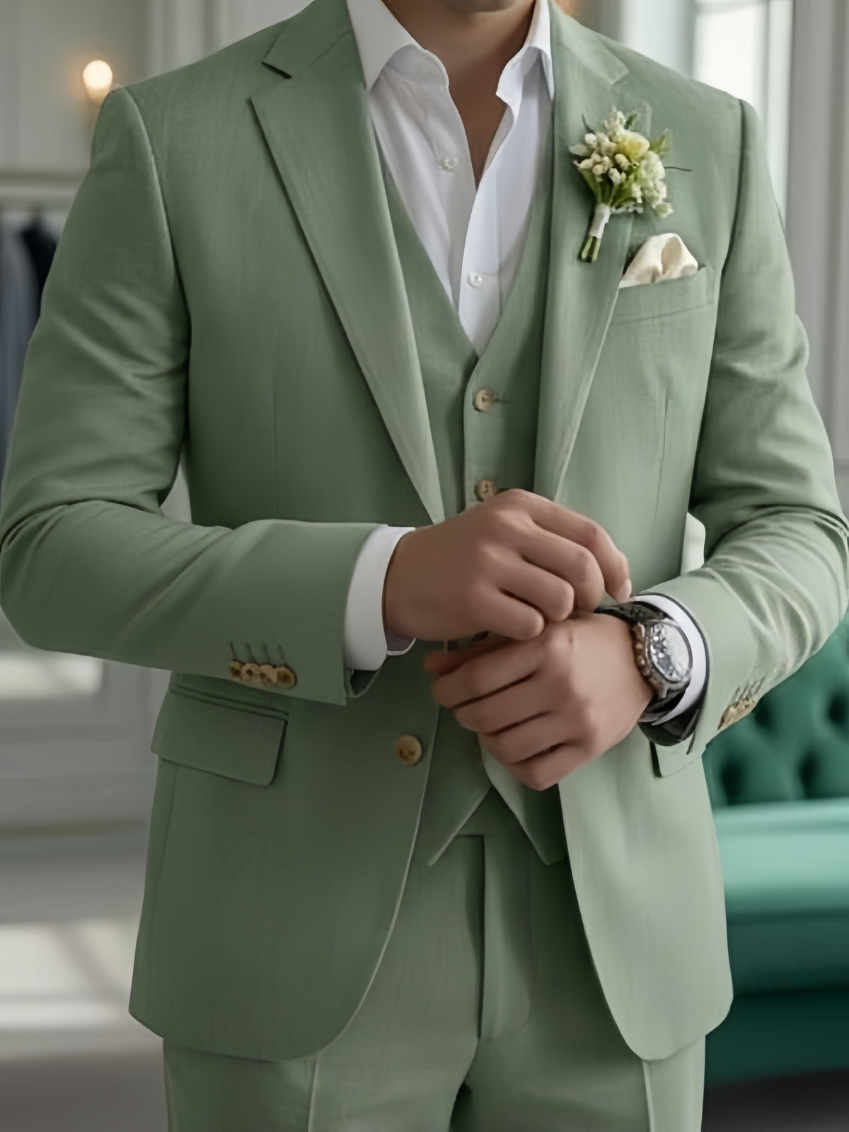 Men's Linen Suits Sage Green 3 Piece Set Slim Fit Wedding Groom Dinner Party Attire