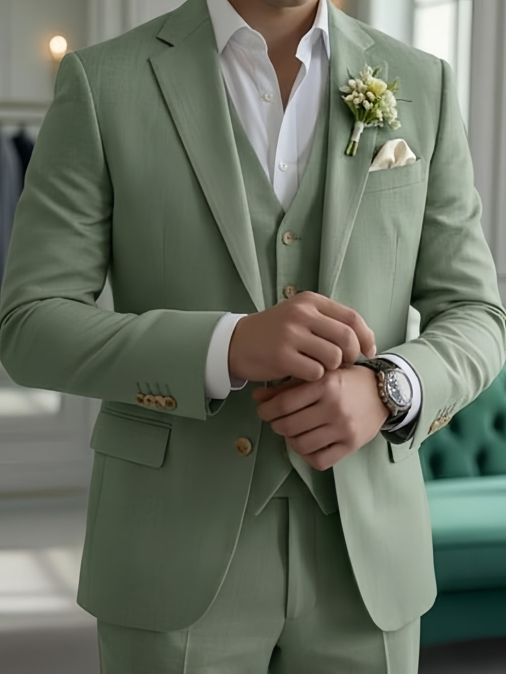 Men's Linen Suits Sage Green 3 Piece Set Slim Fit Wedding Groom Dinner Party Attire
