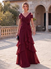 A-Line Mother Of The Bride Dresses Elegant Chiffon Floor-Length Short Sleeves V-Neck Off-The-Shoulder Tiered Ruffles Ruched 3D Flower Zipper