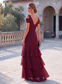 A-Line Mother Of The Bride Dresses Elegant Chiffon Floor-Length Short Sleeves V-Neck Off-The-Shoulder Tiered Ruffles Ruched 3D Flower Zipper