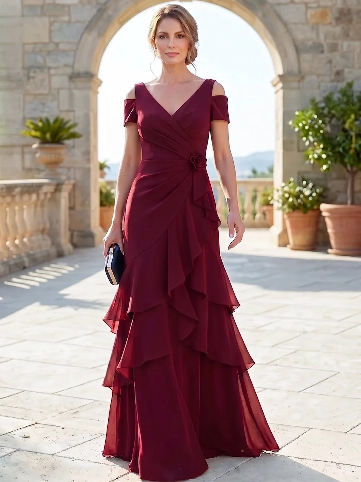 A-Line Mother Of The Bride Dresses Elegant Chiffon Floor-Length Short Sleeves V-Neck Off-The-Shoulder Tiered Ruffles Ruched 3D Flower Zipper
