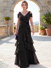 A-Line Mother Of The Bride Dresses Elegant Chiffon Floor-Length Short Sleeves V-Neck Off-The-Shoulder Tiered Ruffles Ruched 3D Flower Zipper