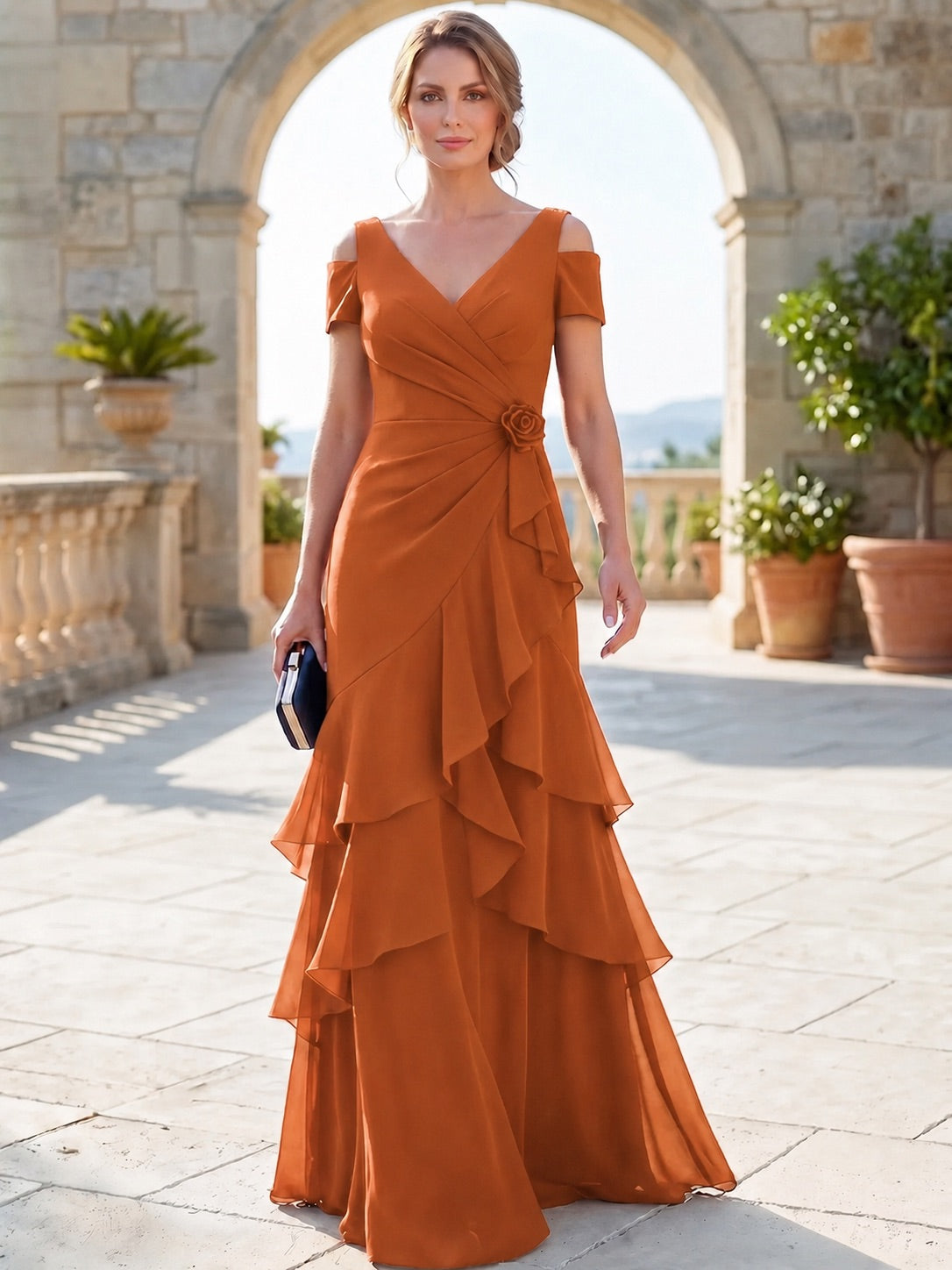 A-Line Mother Of The Bride Dresses Elegant Chiffon Floor-Length Short Sleeves V-Neck Off-The-Shoulder Tiered Ruffles Ruched 3D Flower Zipper