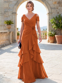 A-Line Mother Of The Bride Dresses Elegant Chiffon Floor-Length Short Sleeves V-Neck Off-The-Shoulder Tiered Ruffles Ruched 3D Flower Zipper