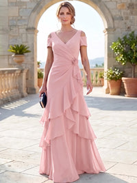 A-Line Mother Of The Bride Dresses Elegant Chiffon Floor-Length Short Sleeves V-Neck Off-The-Shoulder Tiered Ruffles Ruched 3D Flower Zipper
