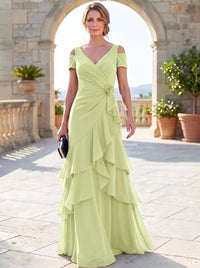 A-Line Mother Of The Bride Dresses Elegant Chiffon Floor-Length Short Sleeves V-Neck Off-The-Shoulder Tiered Ruffles Ruched 3D Flower Zipper