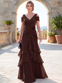 A-Line Mother Of The Bride Dresses Elegant Chiffon Floor-Length Short Sleeves V-Neck Off-The-Shoulder Tiered Ruffles Ruched 3D Flower Zipper