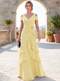 A-Line Mother Of The Bride Dresses Elegant Chiffon Floor-Length Short Sleeves V-Neck Off-The-Shoulder Tiered Ruffles Ruched 3D Flower Zipper