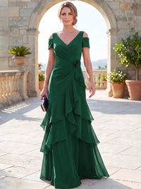 A-Line Mother Of The Bride Dresses Elegant Chiffon Floor-Length Short Sleeves V-Neck Off-The-Shoulder Tiered Ruffles Ruched 3D Flower Zipper