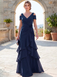 A-Line Mother Of The Bride Dresses Elegant Chiffon Floor-Length Short Sleeves V-Neck Off-The-Shoulder Tiered Ruffles Ruched 3D Flower Zipper