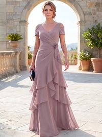 A-Line Mother Of The Bride Dresses Elegant Chiffon Floor-Length Short Sleeves V-Neck Off-The-Shoulder Tiered Ruffles Ruched 3D Flower Zipper