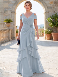 A-Line Mother Of The Bride Dresses Elegant Chiffon Floor-Length Short Sleeves V-Neck Off-The-Shoulder Tiered Ruffles Ruched 3D Flower Zipper