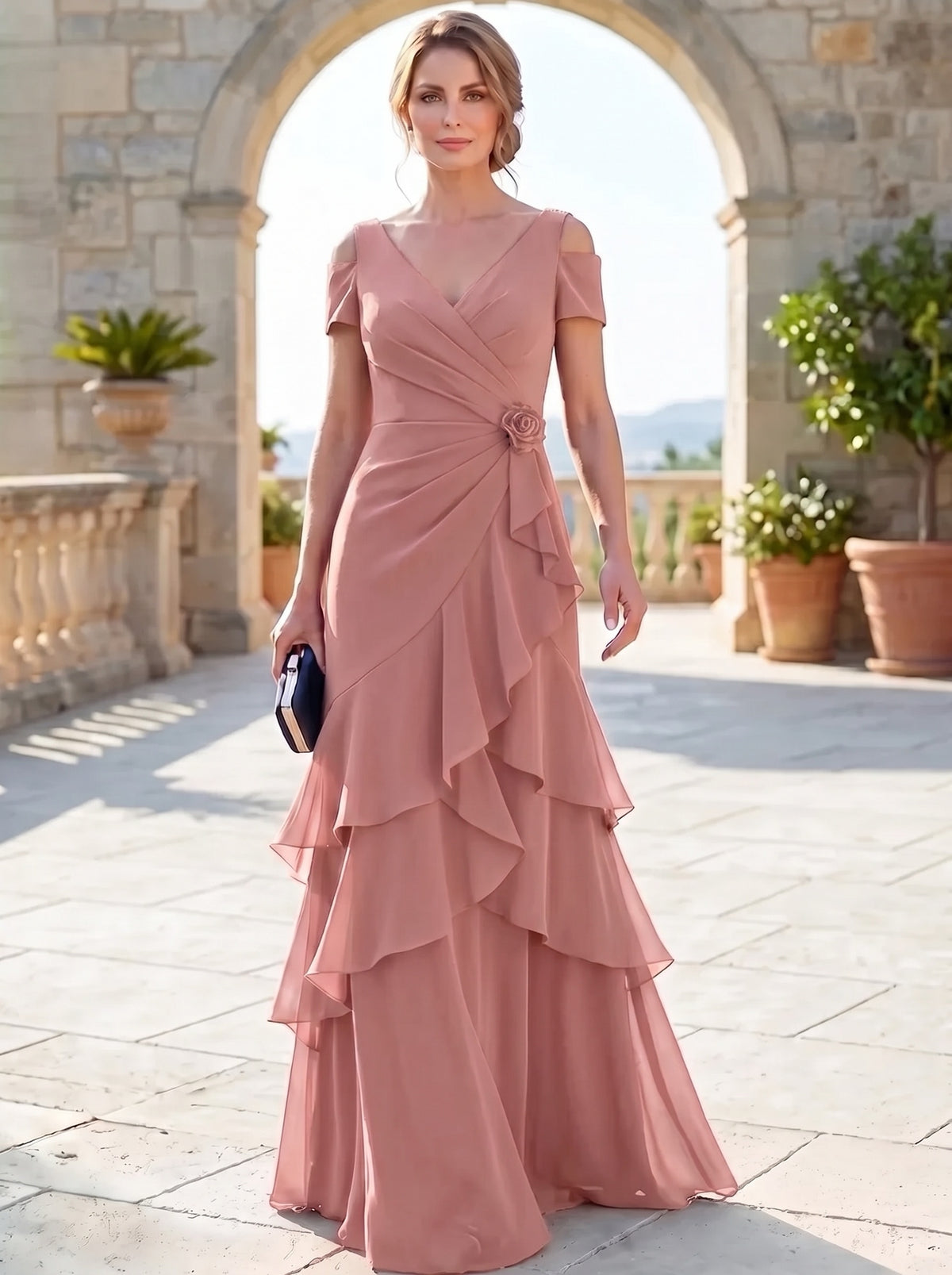 A-Line Mother Of The Bride Dresses Elegant Chiffon Floor-Length Short Sleeves V-Neck Off-The-Shoulder Tiered Ruffles Ruched 3D Flower Zipper