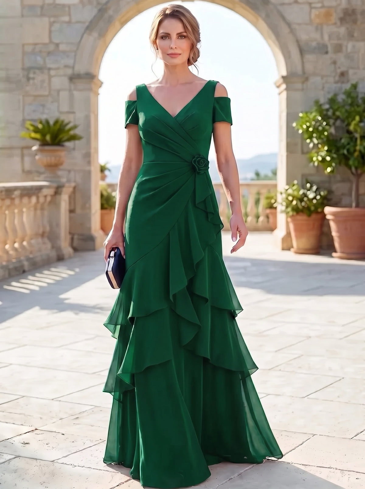 A-Line Mother Of The Bride Dresses Elegant Chiffon Floor-Length Short Sleeves V-Neck Off-The-Shoulder Tiered Ruffles Ruched 3D Flower Zipper