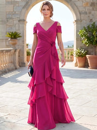 A-Line Mother Of The Bride Dresses Elegant Chiffon Floor-Length Short Sleeves V-Neck Off-The-Shoulder Tiered Ruffles Ruched 3D Flower Zipper
