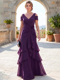 A-Line Mother Of The Bride Dresses Elegant Chiffon Floor-Length Short Sleeves V-Neck Off-The-Shoulder Tiered Ruffles Ruched 3D Flower Zipper