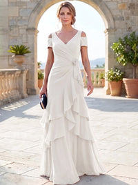 A-Line Mother Of The Bride Dresses Elegant Chiffon Floor-Length Short Sleeves V-Neck Off-The-Shoulder Tiered Ruffles Ruched 3D Flower Zipper