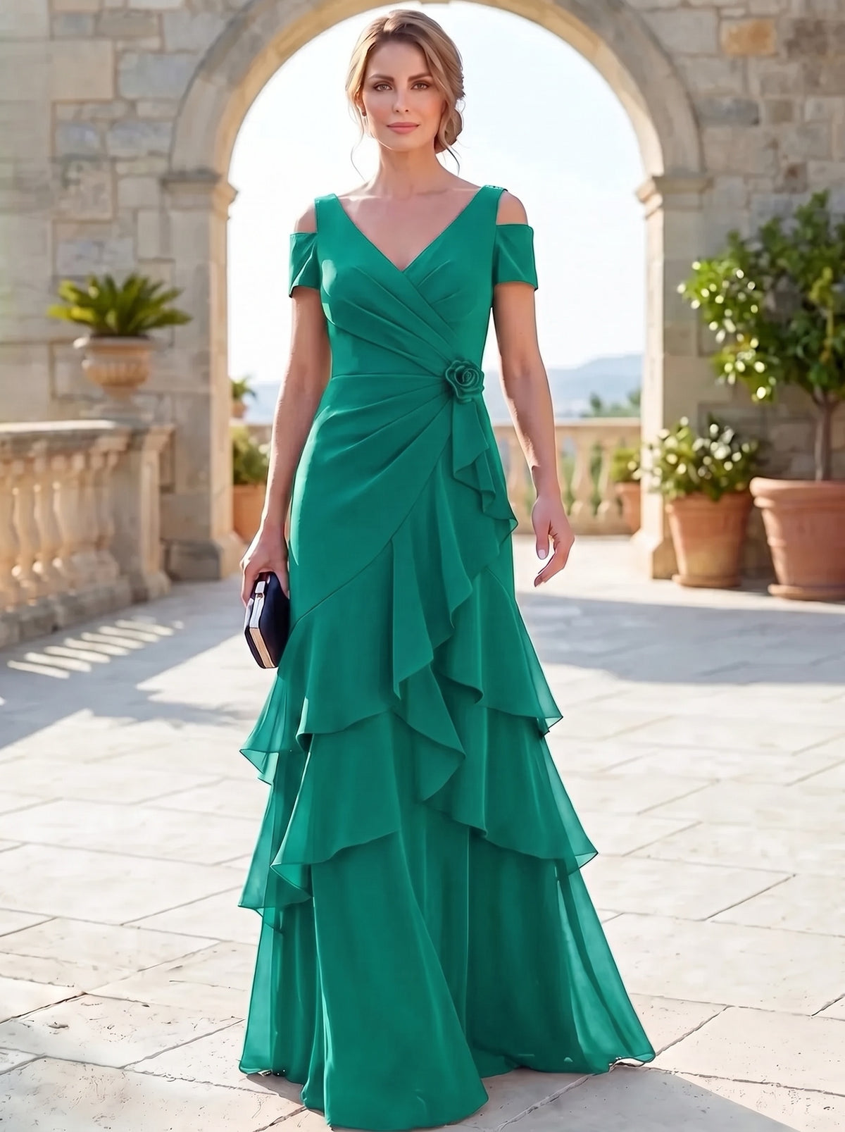 A-Line Mother Of The Bride Dresses Elegant Chiffon Floor-Length Short Sleeves V-Neck Off-The-Shoulder Tiered Ruffles Ruched 3D Flower Zipper