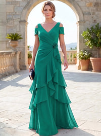 A-Line Mother Of The Bride Dresses Elegant Chiffon Floor-Length Short Sleeves V-Neck Off-The-Shoulder Tiered Ruffles Ruched 3D Flower Zipper